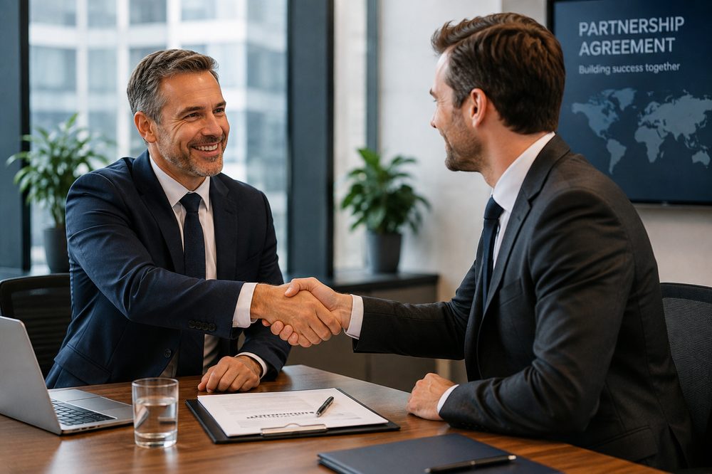 Zwei Geschäftsleute geben sich die Hand nach einer Partnervereinbarung